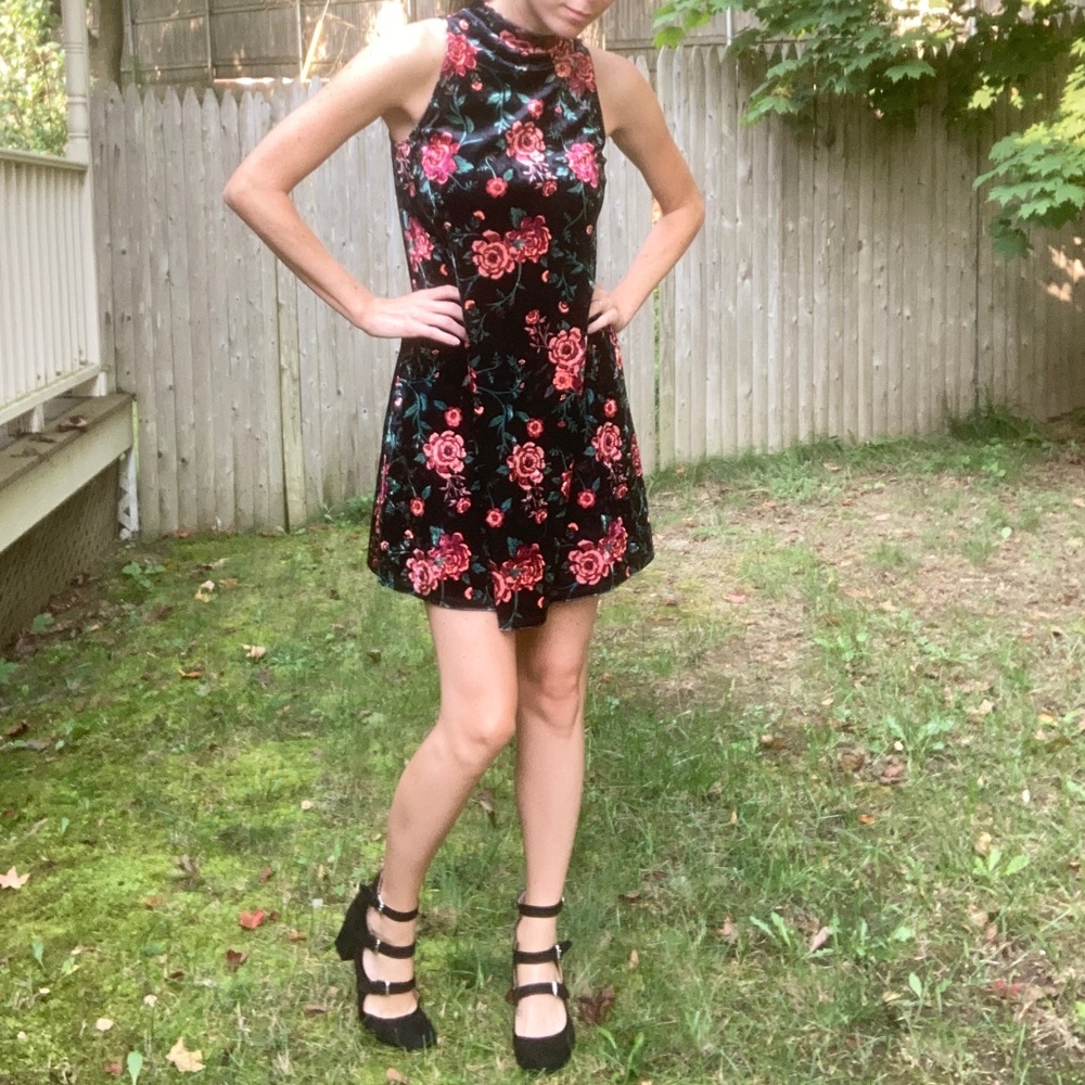 Mudd Velvet / Velour A-Line Floral Mock Neck Dress